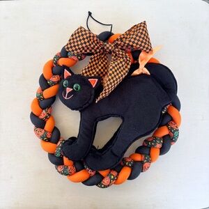 Vintage Halloween Black Cat Fabric Stuffed 13" Door Wall Wreath Jack-o-Lantern